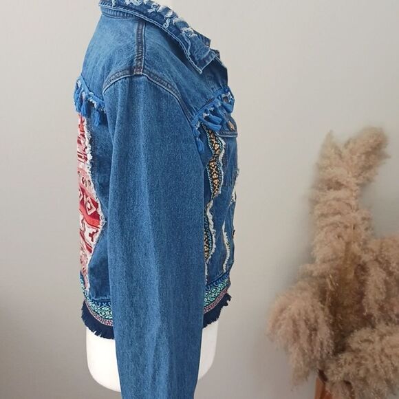 Denim land Paris Collection Women's boho fringe button-up Jean jacket sz large - Picture 7 of 14